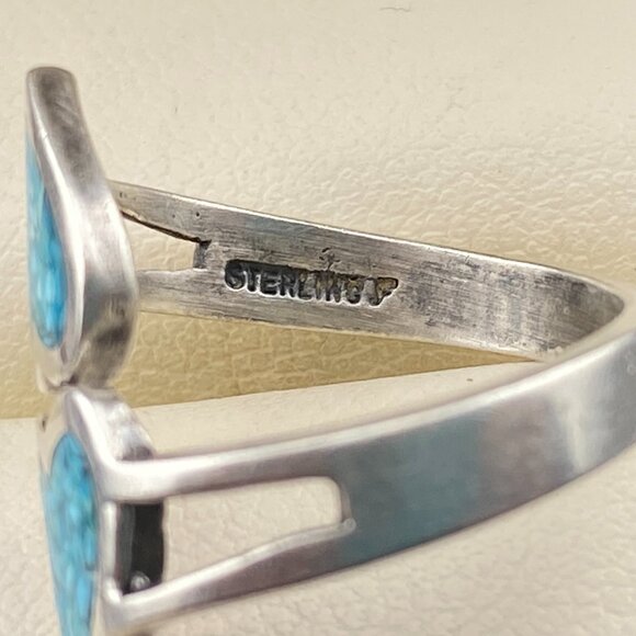 Vintage Sterling Silver Adjustable Ring Turquoise Chip Inlay Double Heart Love - Picture 10 of 12